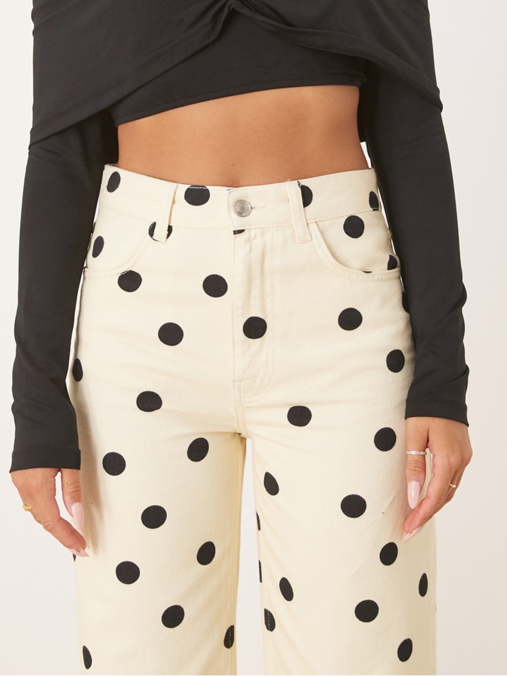ASOS butter yellow High-Rise Polka Dot Wide-Leg Jeans size 4 - Picture 3 of 10